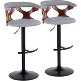 Gardenia Adjustable Swivel Bar Stool in Black Metal, Walnut Wood & Light Grey Fabric (Set of 2)